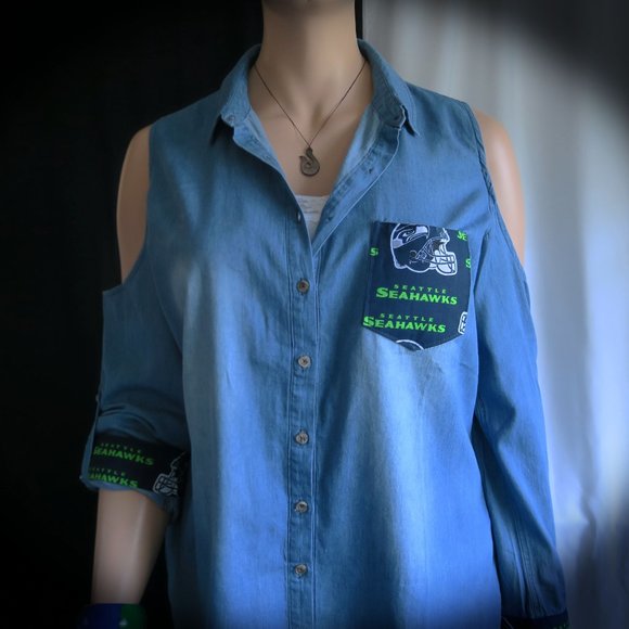 Jacket Top Seahawks Peekaboo Woman's New Embellished Denim Shirt - Picture 2 of 9